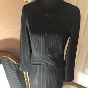 Black pinstriped midi dress.